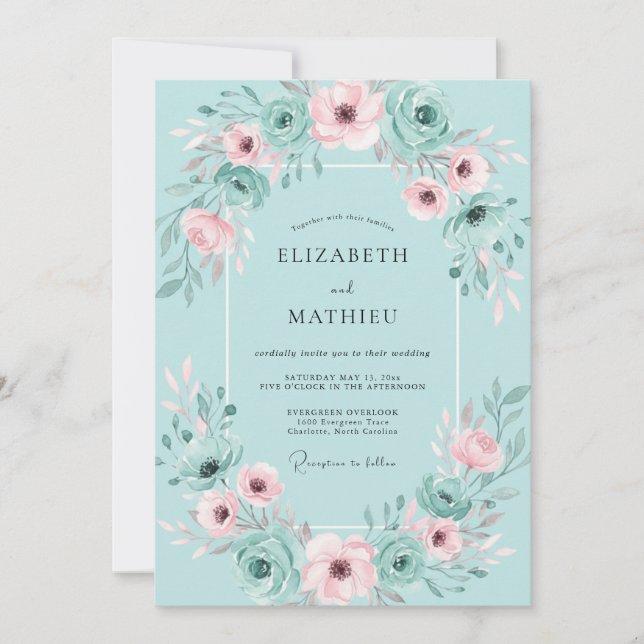 Aqua Blush Watercolor Wedding Invitation (Front)