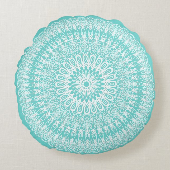 Aqua Boho Mandala Round Cushion (Front)