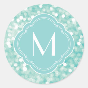 Aqua Bokeh Lights Glitter Sparkles and Monogram Classic Round Sticker