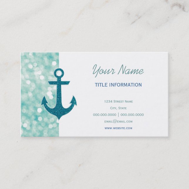 Aqua Bokeh Nautical Glitter Anchor Business Card (Front)