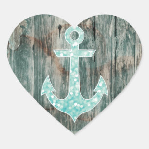 Aqua Bokeh Nautical Glitter Anchor on Wood Heart Sticker