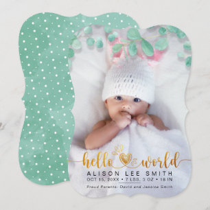 Aqua bouquet & dots hello world baby announcement