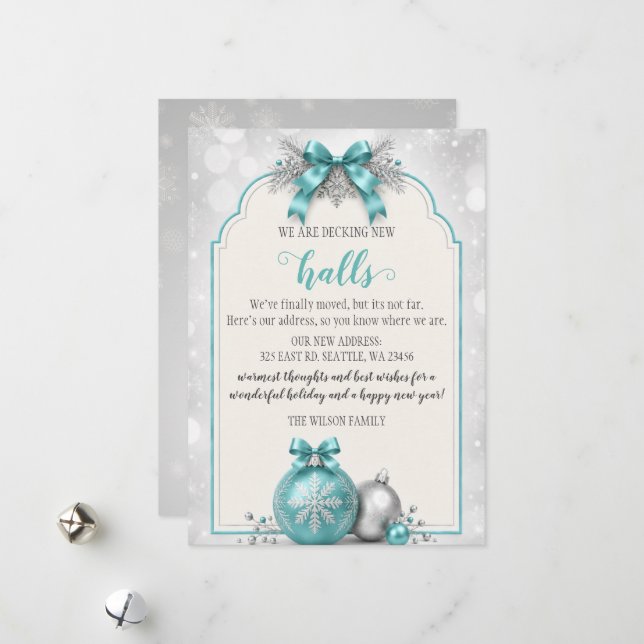 Aqua Bow Christmas Decking The New Halls Moving Holiday Card (Front/Back In Situ)