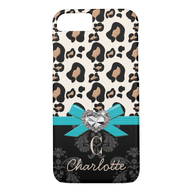 Aqua Bow Heart Shaped Faux Bling Leopard Print Case-Mate iPhone Case (Back)