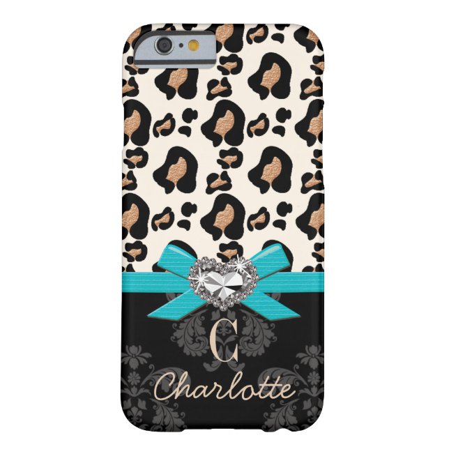 Aqua Bow Heart Shaped Faux Bling Leopard Print Case-Mate iPhone Case (Back)