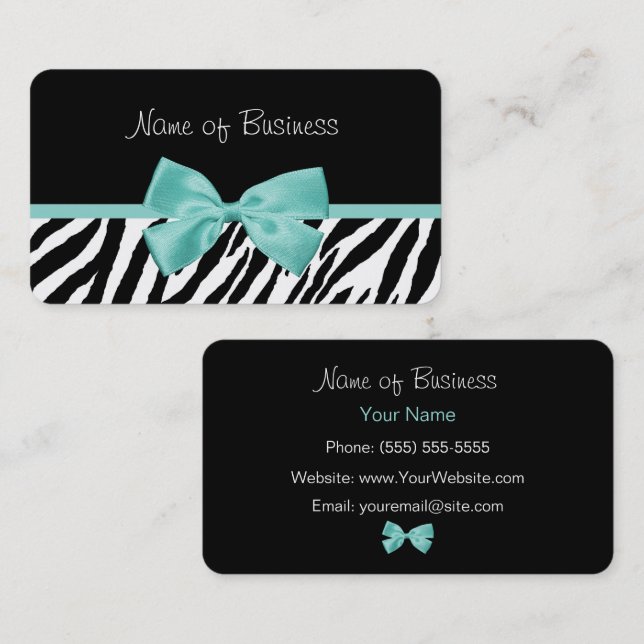 Aqua Bow Zebra Print Design Business Card (Front/Back)