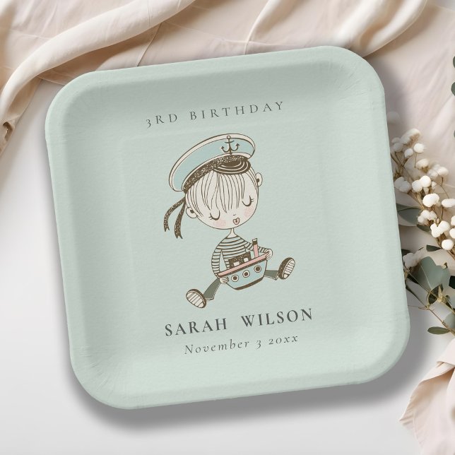Aqua Boys Little Sailor Nautical Any Age Birthday Paper Plate (Creator Uploaded)