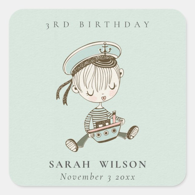 Aqua Boys Little Sailor Nautical Any Age Birthday Square Sticker (Front)
