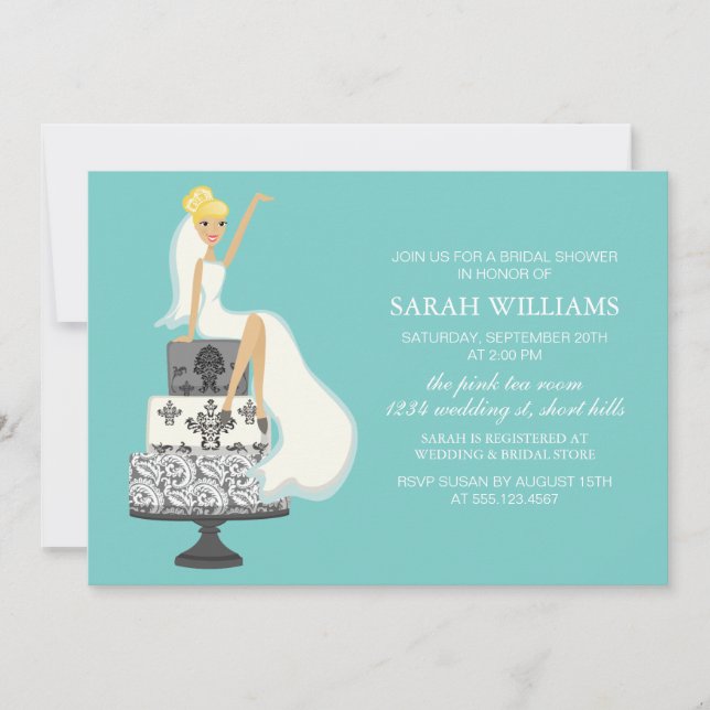 Aqua Bride on Wedding Cake Invitation (Front)