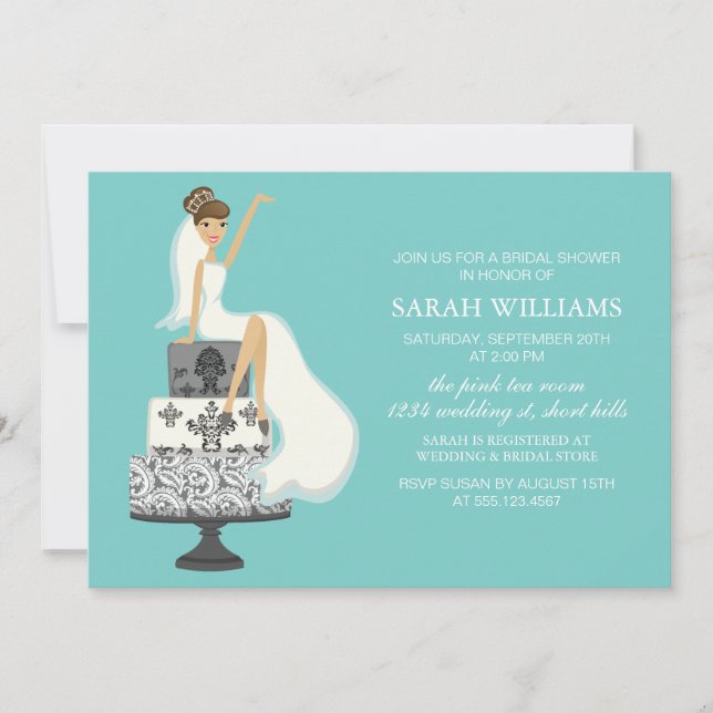 Aqua Bride on Wedding Cake Invitation (Front)