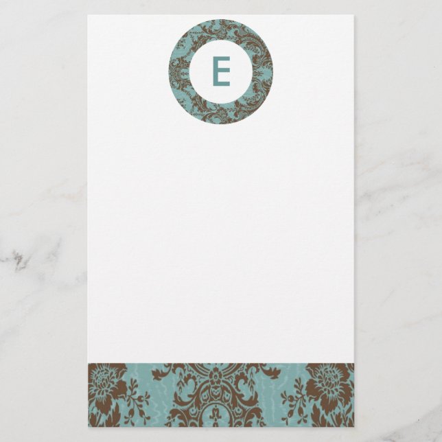 Aqua Brown Damask Customisable Monogram Stationery (Front)