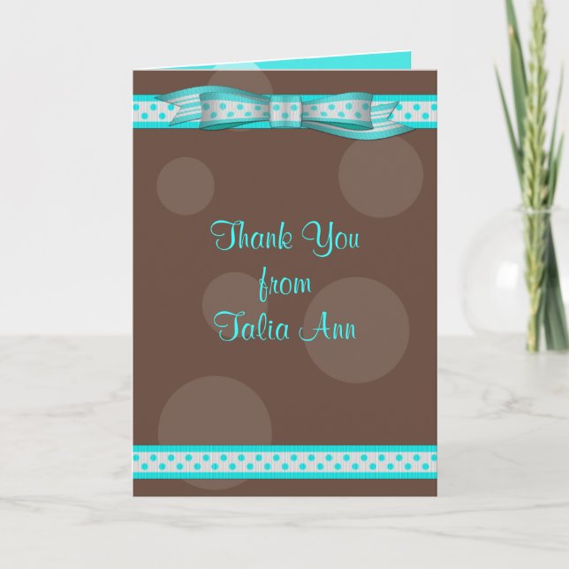 Aqua & Brown Polka Dot Bat Mitzvah Thank You Card (Front)