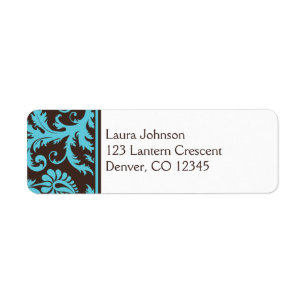 Aqua, Brown, White Damask Return Address Label
