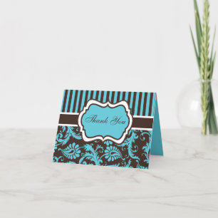 Aqua, Brown, White Damask Thank You Note Card