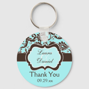 Aqua, Brown, White Damask Wedding Favour Keychain