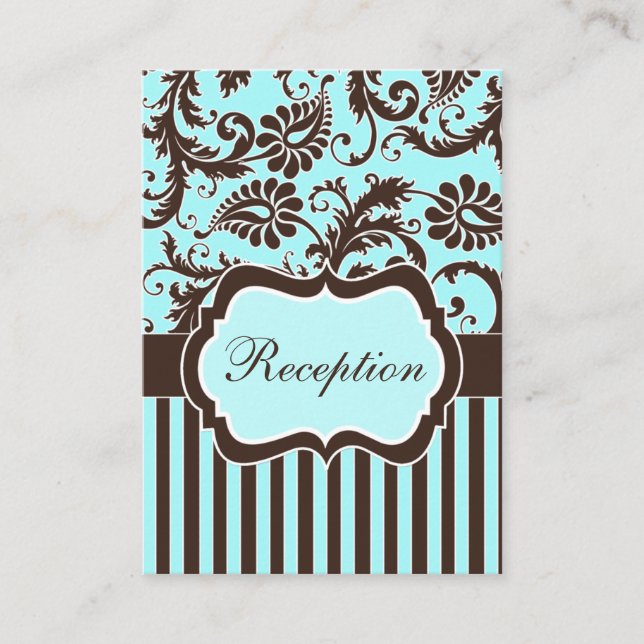 Aqua, Brown, White Floral Damask Enclosure Card (Front)