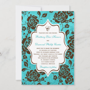 Aqua Brown White Floral Damask Wedding Invitation