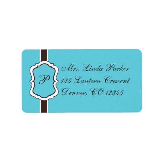 Aqua, Brown, White Monogrammed Address Label