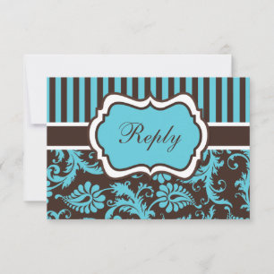 Aqua, Brown, White Striped Damask Reply Card