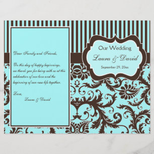 Aqua, Brown, White Striped Damask Wedding Program