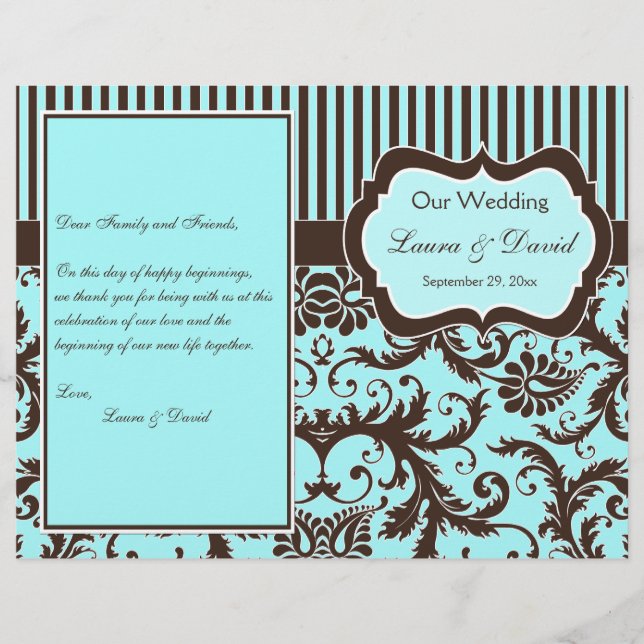 Aqua, Brown, White Striped Damask Wedding Program (Front)