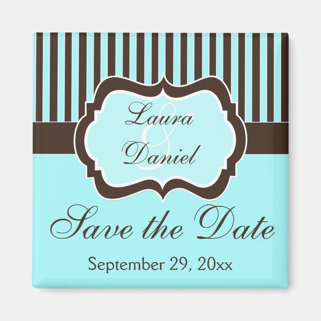 Aqua, Brown, White Striped Save the Date Magnet (Front)