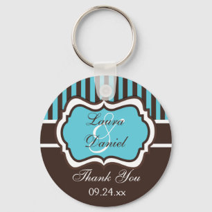 Aqua, Brown, White Striped Wedding Favour Key Ring