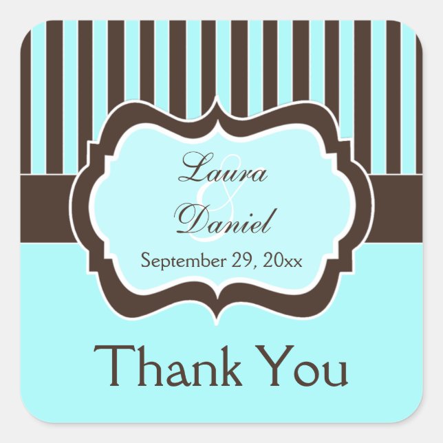 Aqua, Brown, White Striped Wedding Favour Sticker (Front)