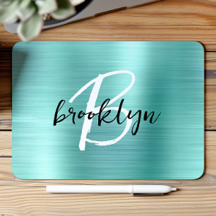 Aqua Brushed Metal Black White Script Monogram Mouse Mat