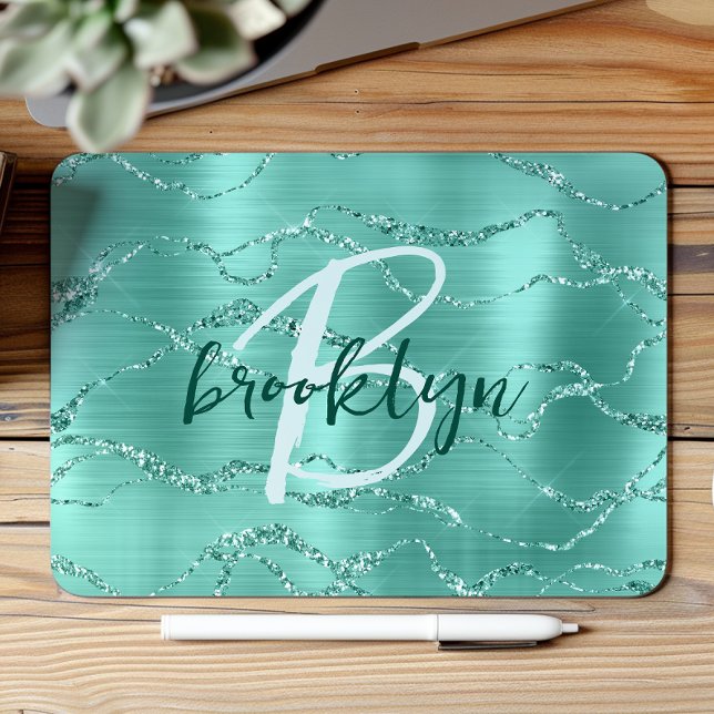 Aqua Brushed Metal Glitter Script Monogram  Mouse Mat (Creator Uploaded)