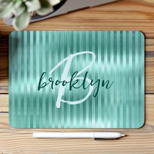 Aqua Brushed Metal Stripes Script Monogram  Mouse Mat