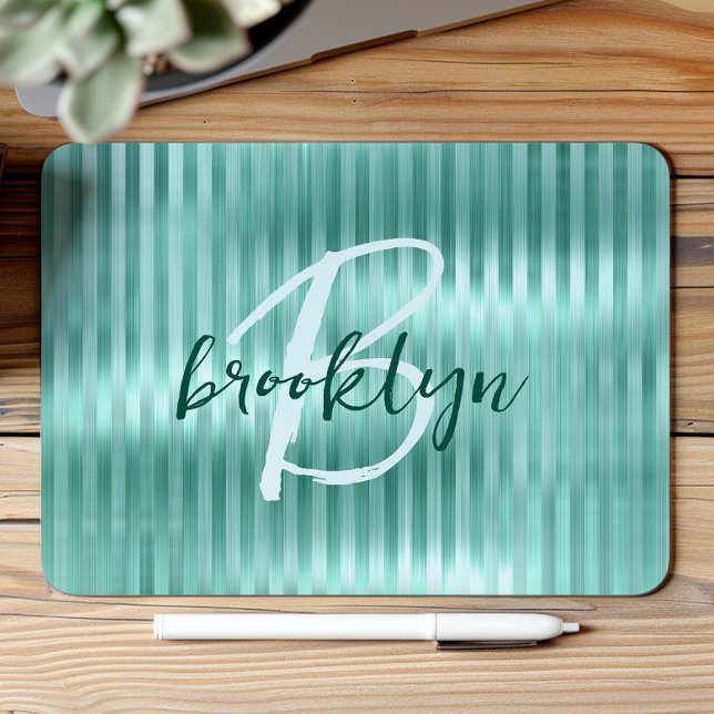 Aqua Brushed Metal Stripes Script Monogram  Mouse Mat (Creator Uploaded)