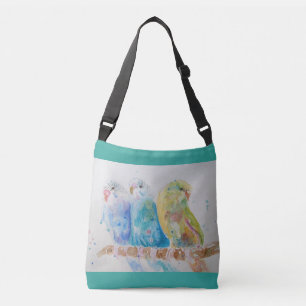 Aqua Budgie Birds Branch Watercolor Crossbody Bag