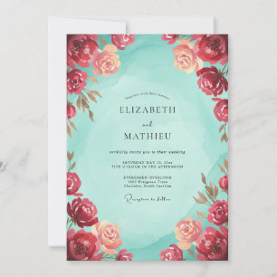 Aqua Burgundy Blossom Wedding Invitation
