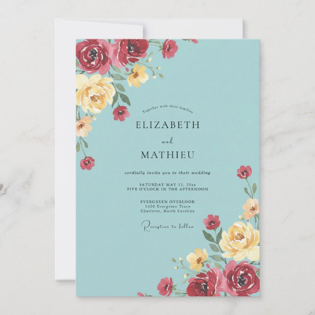 Aqua Burgundy Peony Wedding Invitation (Front)