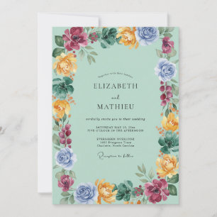 Aqua Burgundy Wildflower Wedding Invitation