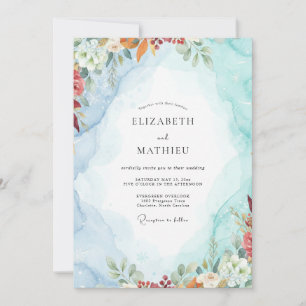 Aqua Burnt Orange Watercolor Wedding Invitation