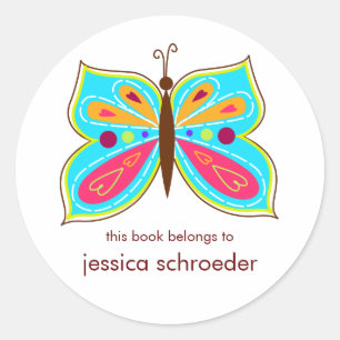 Aqua Butterfly Book Plates Classic Round Sticker