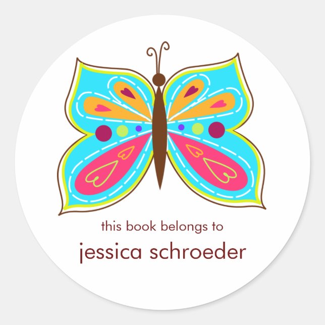 Aqua Butterfly Book Plates Classic Round Sticker (Front)