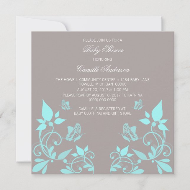 Aqua Butterfly Floral Baby Shower Invite (Front)