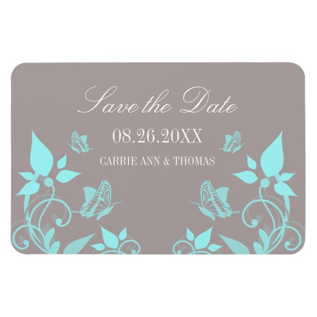 Aqua Butterfly Floral Save the Date Magnet (Horizontal)