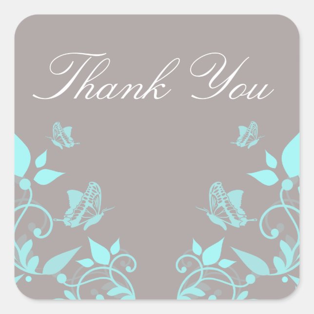 Aqua Butterfly Floral Thank You Stickers (Front)