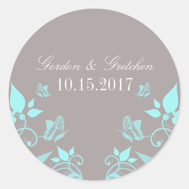 Aqua Butterfly Floral Wedding Stickers (Front)