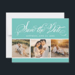Aqua Calligraphy Script Wedding Photo Collage Save The Date<br><div class="desc">Custom vintage style aqua green / blue and white (note, the background colour can be modified) wedding save the date cards feature "Save the Date" in an elegant handwritten calligraphy script typestyle, three (3) spaces for engagement photos (tip: crop to square shape prior to uploading), and text on the back...</div>