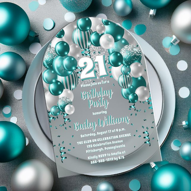 Aqua Celebration Balloons 21st Birthday Party Acrylic Invitations (Aqua Celebration Balloons "21" 21st Birthday Party Acrylic Invitation)