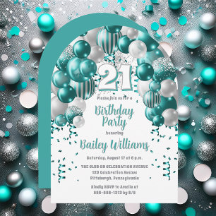 Aqua Celebration Balloons 21st Birthday Party Invitation