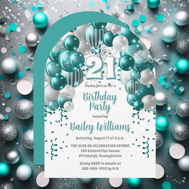 Aqua Celebration Balloons 21st Birthday Party Invitation (Aqua | Silver Balloons "21" 21st Birthday Party Invitations - Print and/or Download Available)