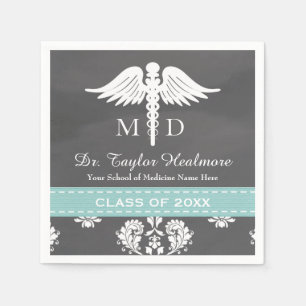 Aqua Chalkboard Caduceus Medical School Graduation Napkin