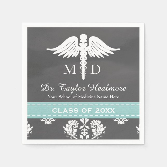 Aqua Chalkboard Caduceus Medical School Graduation Napkin (Front)