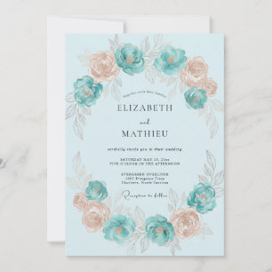Aqua Champagne Wreath Wedding Invitation